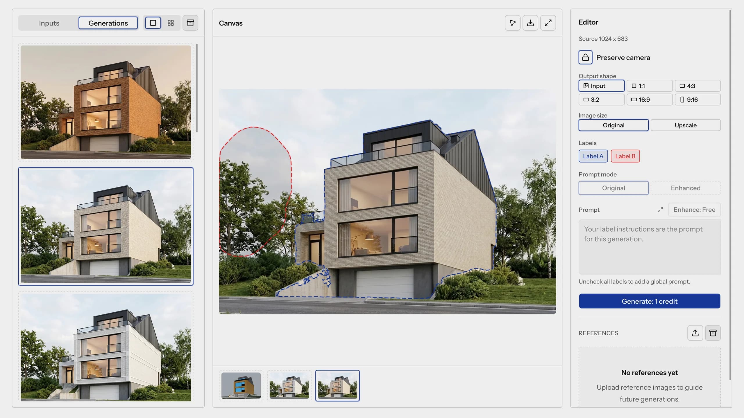 Proposition Studio screen: on the canvas a house with the facade outlined in blue and a second area outlined in red, three versions of the facade on the left, the editor with labels A and B on the right