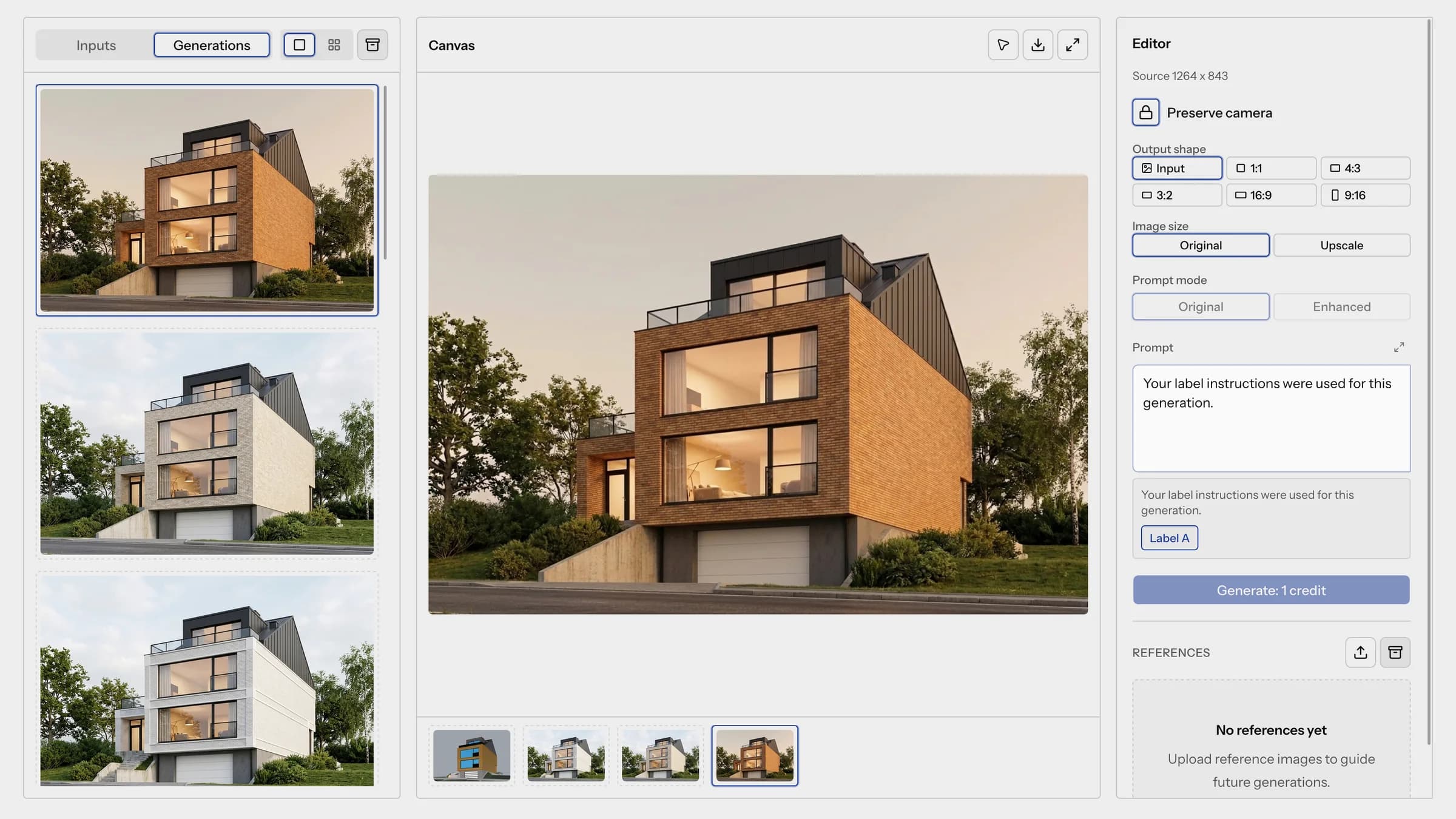 Proposition Studio screen with the history of one house: a list of three generations on the left, a version with brown brick in evening light on the canvas, under the canvas a strip of four thumbnails from the model to the current version