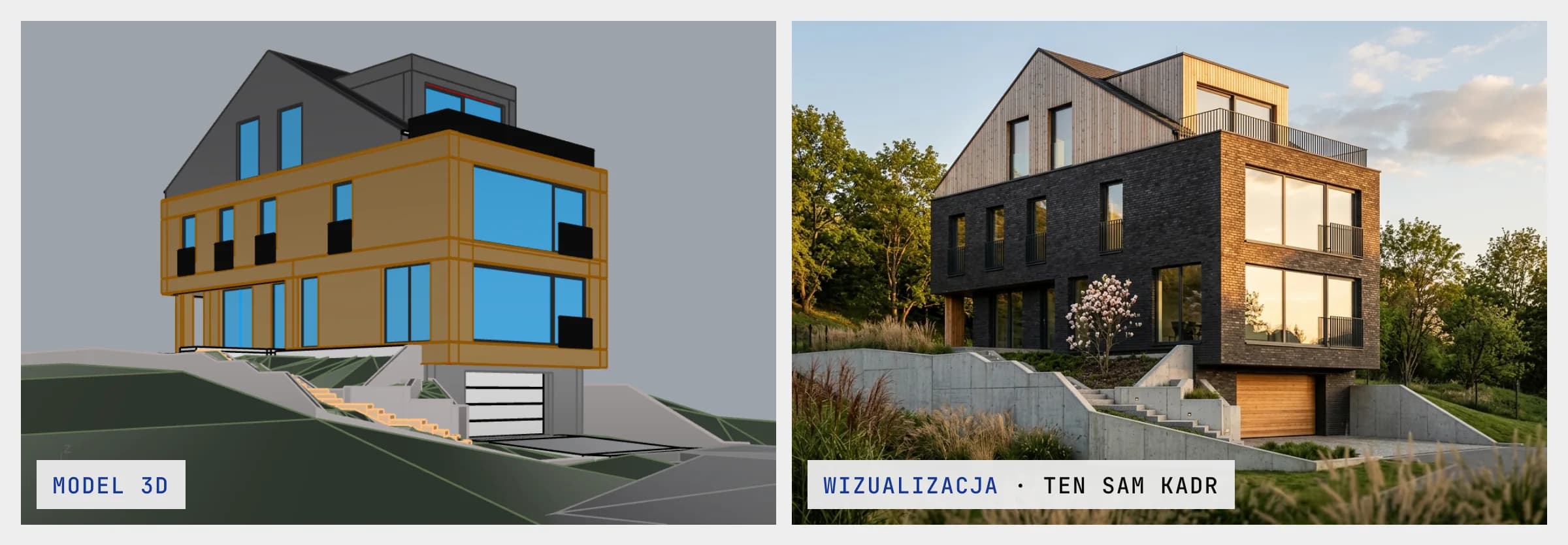 A detached house in side view: on the left a capture from the 3D model in working colours, on the right a visualisation with dark brick and wood in the same framing