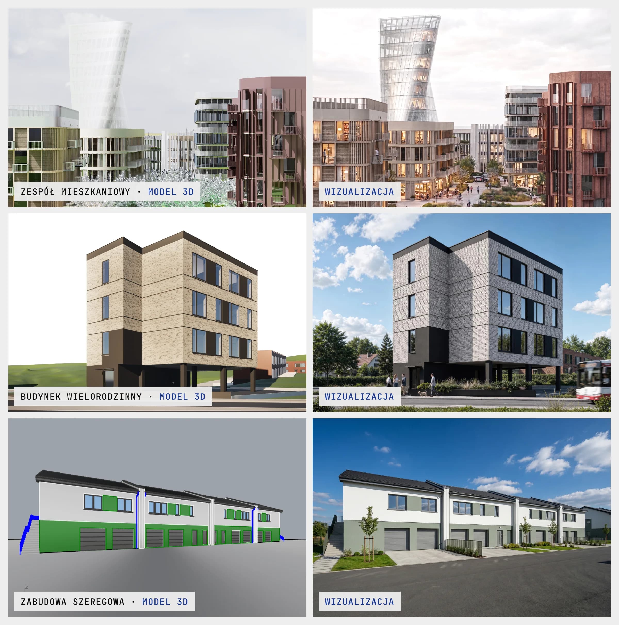 Three pairs of images: a housing estate, a multi-family building and terraced houses, each as a 3D model on the left and a visualisation on the right
