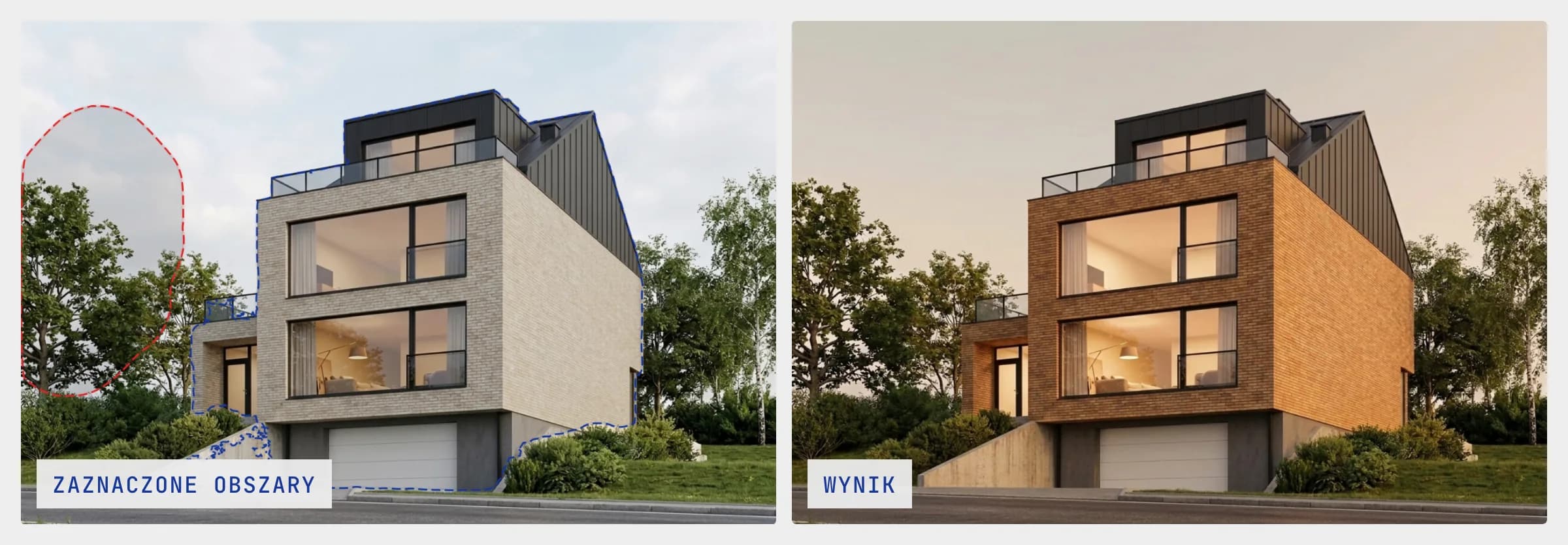 Two images of the same house: on the left the facade outlined in blue and a second area outlined in red, on the right the result with different brick and evening light