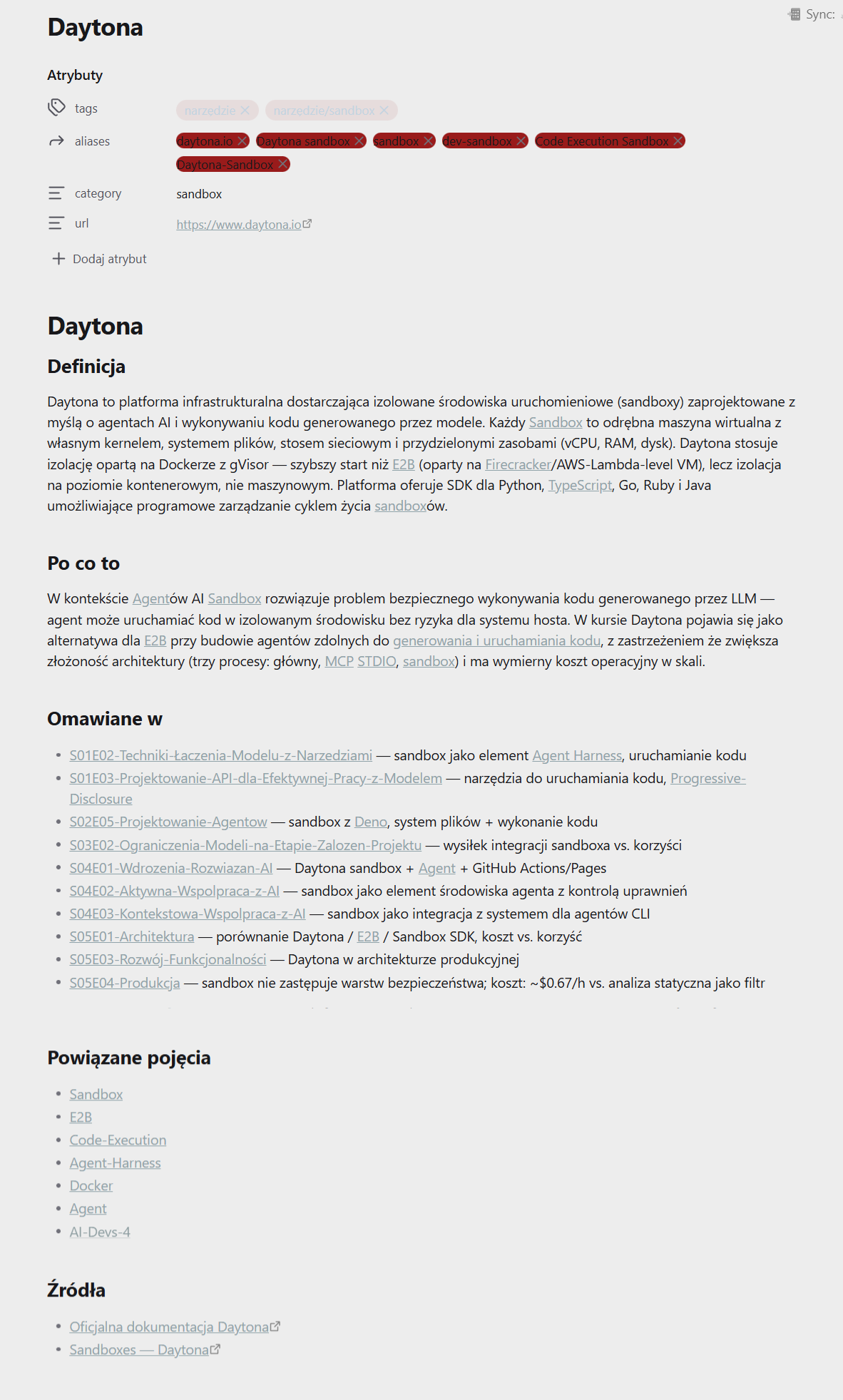 Zrzut ekranu notatki Daytona w vaultcie AI-Devs-4