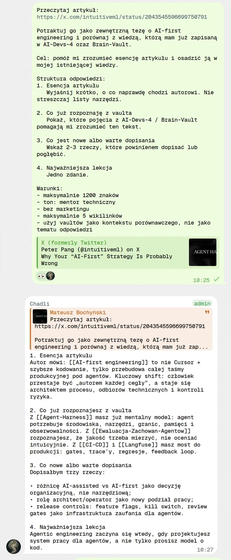 Fragment rozmowy z agentem, który porównuje tekst o AI-first engineeringu z wiedzą zapisaną w vaultach