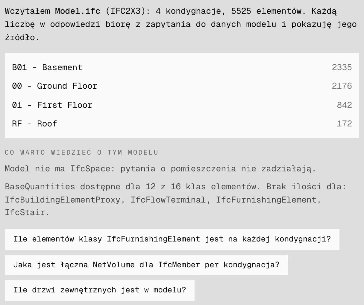 Karta modelu po wczytaniu pliku: liczba elementów na kondygnacjach i uwagi o brakach w danych