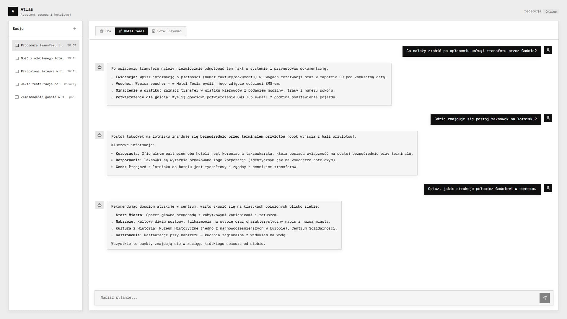 Interfejs czatu Atlas z odpowiedzia z procedury hotelowej