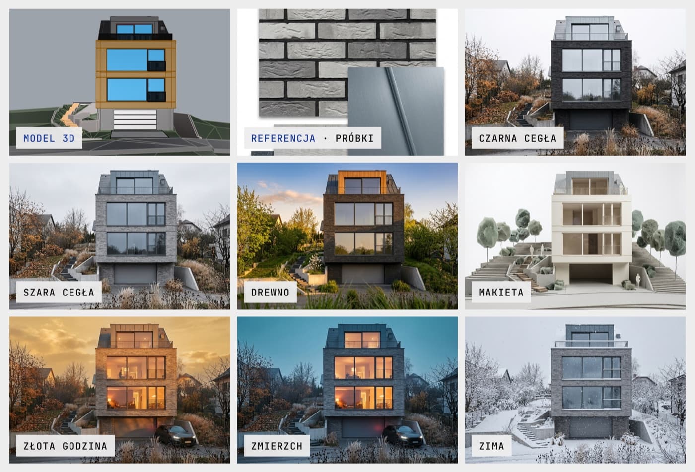 Proposition Studio: jeden model 3D i dziewięć kontrolowanych wariantów wizualizacji tego samego domu