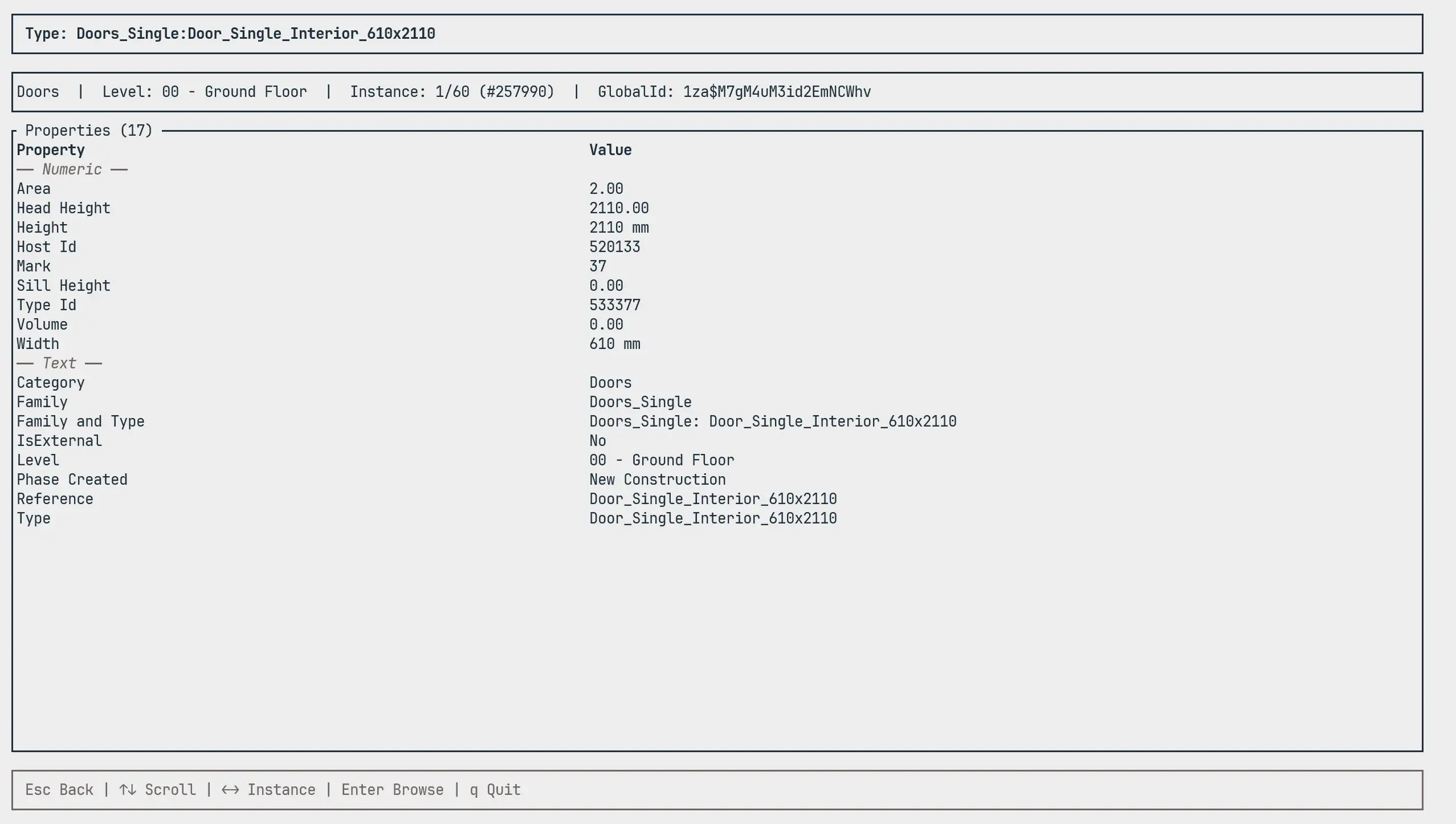 Widok Detali Typu — właściwości i instancje wybranego typu IFC