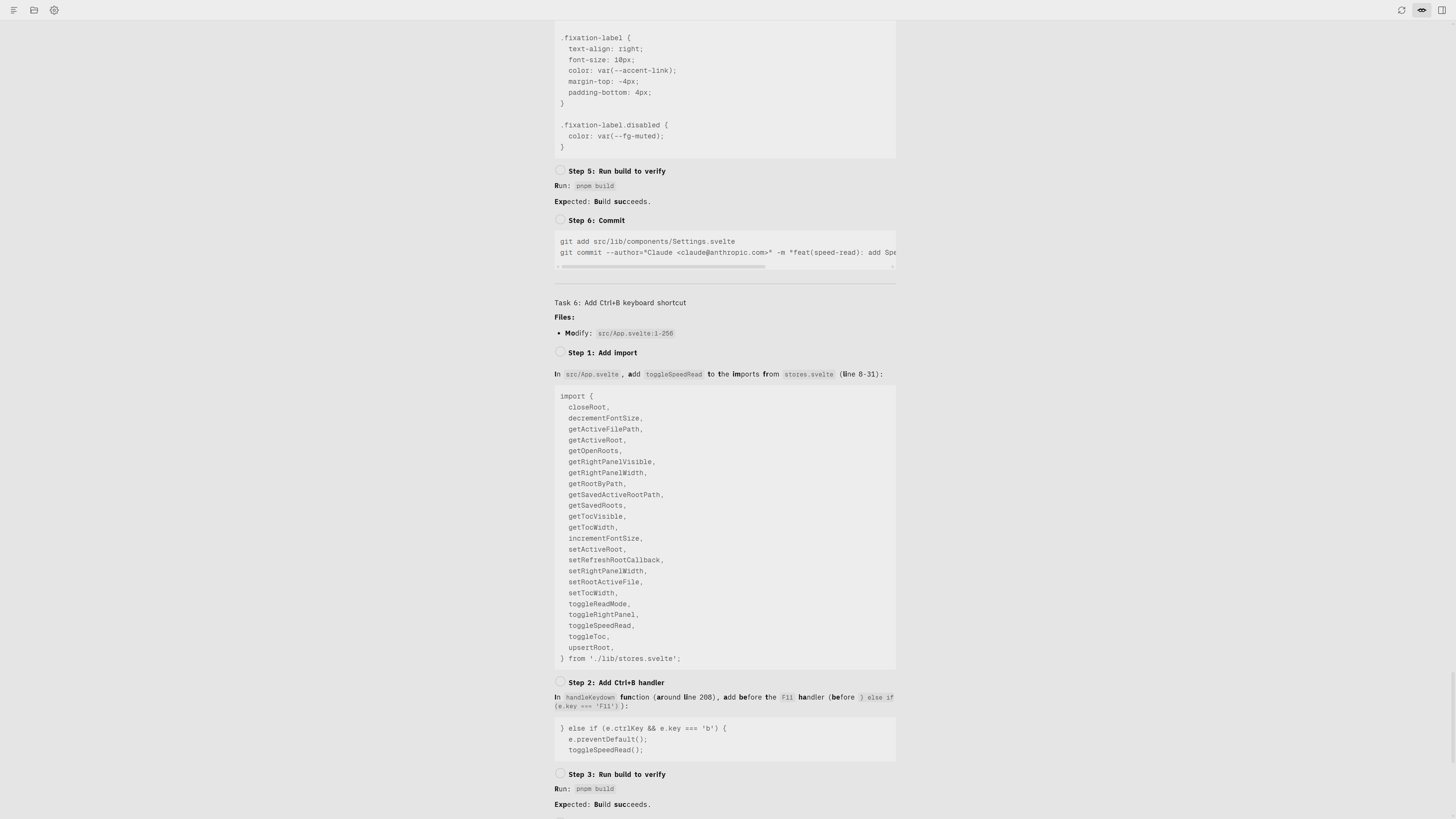 MonoReader w trybie pełnoekranowego czytania, drzewko folderów ukryte, pełna uwaga na treści markdown